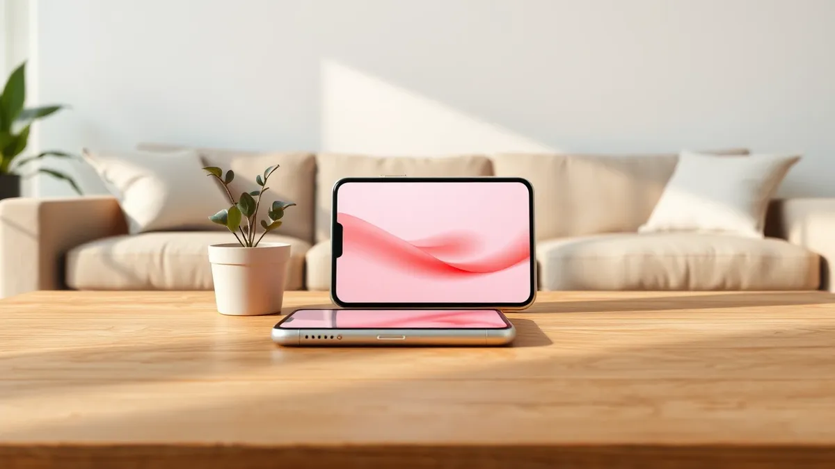 Illustration: A smartphone rests on a wooden table with a blank screen displaying a subtle red ripple animation.