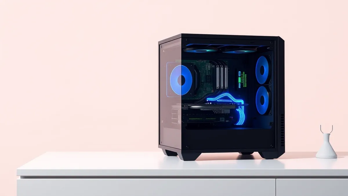 Illustration: A sleek black computer chassis sits on a clean white desk.