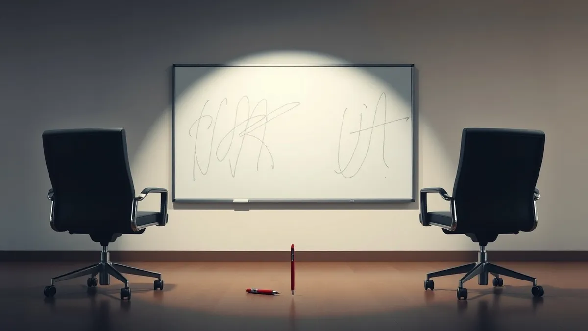 Illustration: Three empty office chairs sit in a row facing a blank whiteboard covered in erased chalk marks.