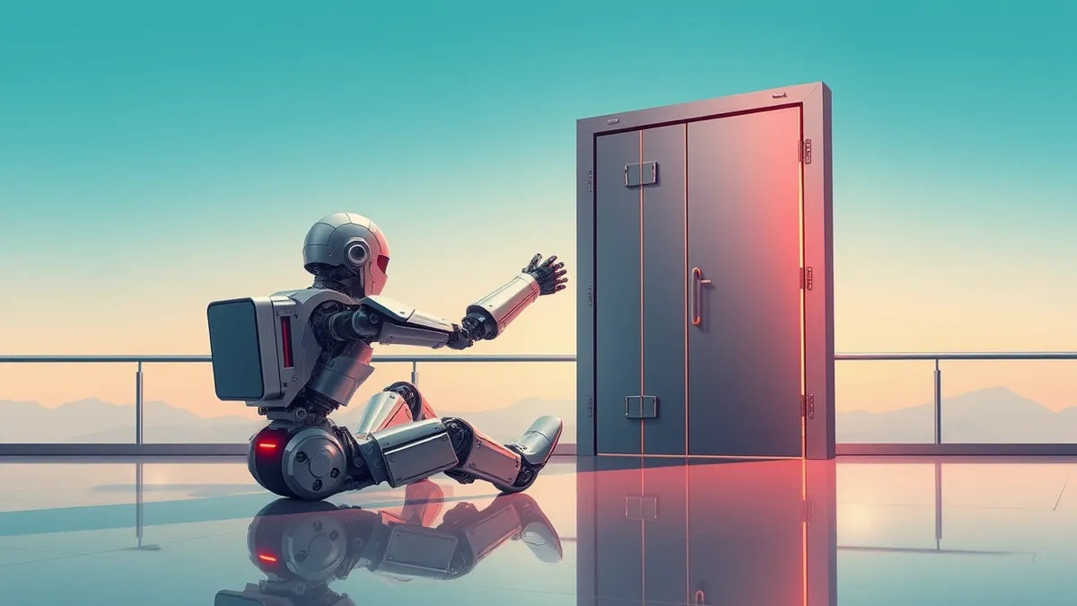 Illustration: A sleek metallic autonomous robot sits on a polished office floor.