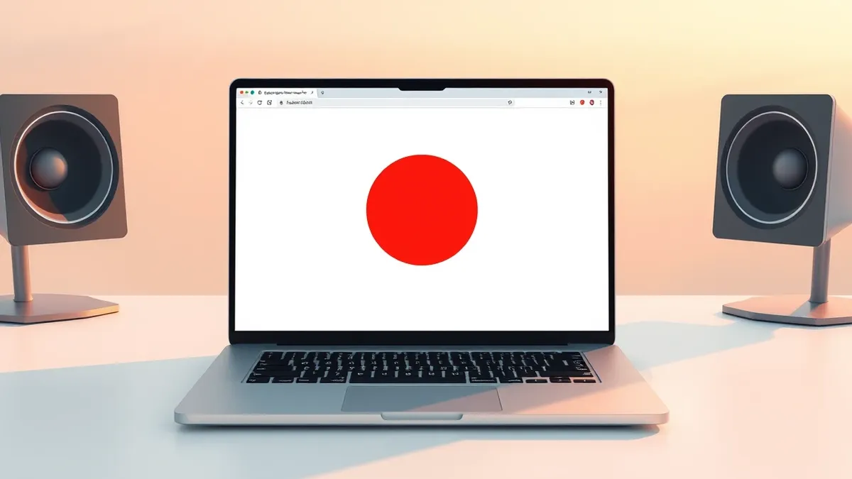 Illustration: A solitary laptop sits open on a clean white desk, its screen displaying a blank browser window with a large, empty red circle in the center.