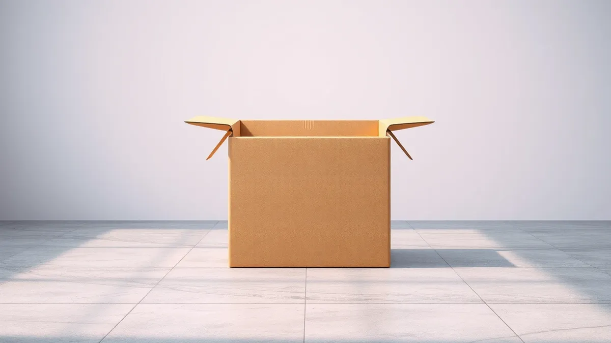 Illustration: A solitary cardboard clothing box sits on a polished concrete floor, its flaps slightly ajar to reveal a blank, white surface inside.