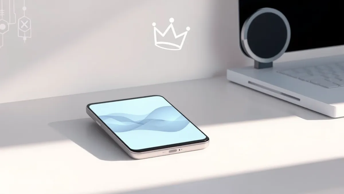 Illustration: A sleek smartphone sits on a clean desk, its blank screen glowing with soft abstract waves that suggest complex processing.