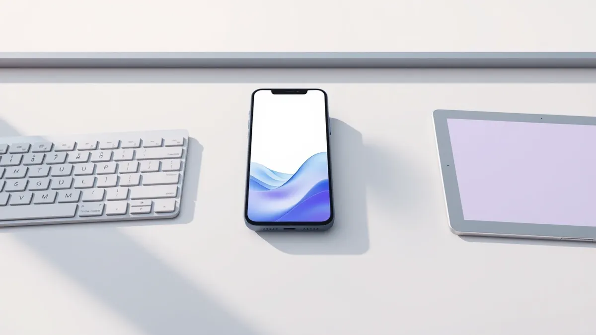 Illustration: A generic smartphone rests on a clean white desk beside a modern wireless keyboard and a sleek tablet.