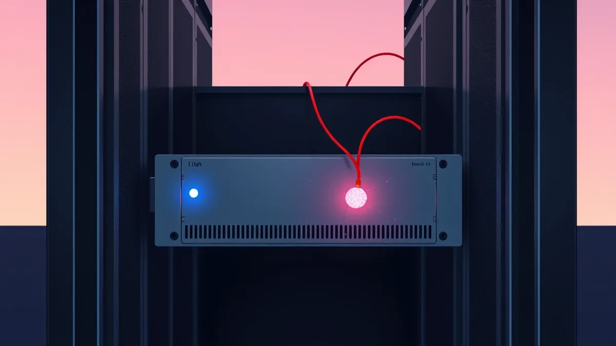 Illustration: A sleek server blade sits inside a modern data center rack, its single blue status light pulsing steadily.