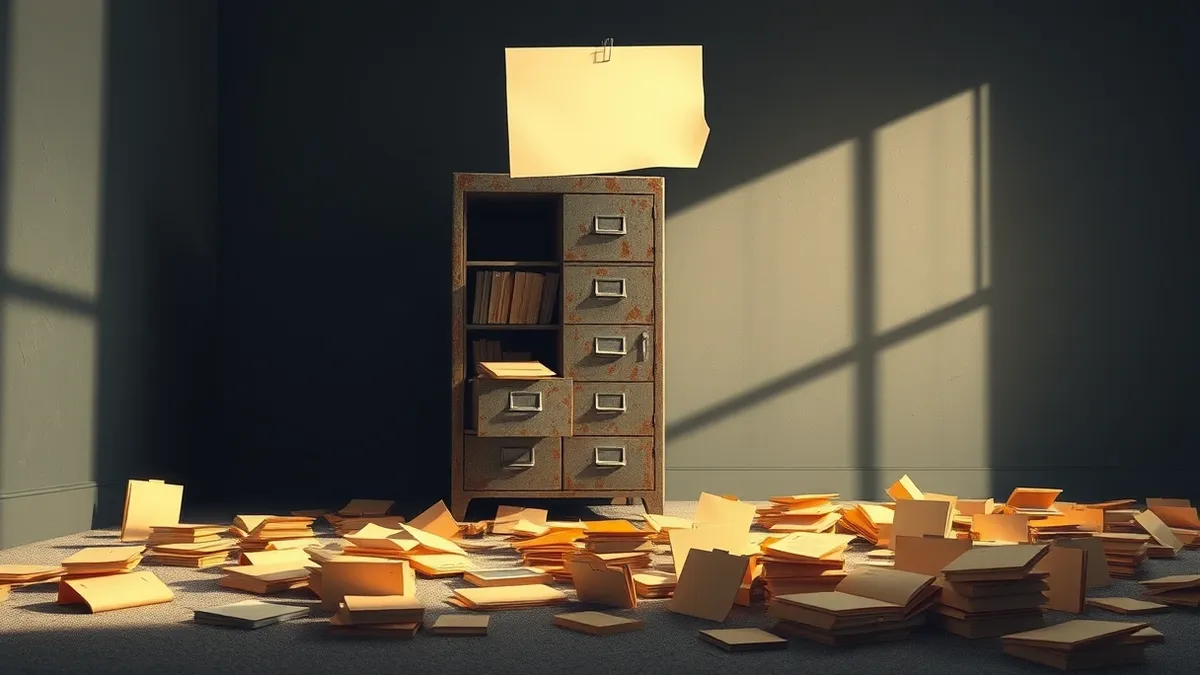 Illustration: A rusted iron filing cabinet stands open in a dim office, its drawers pulled wide.