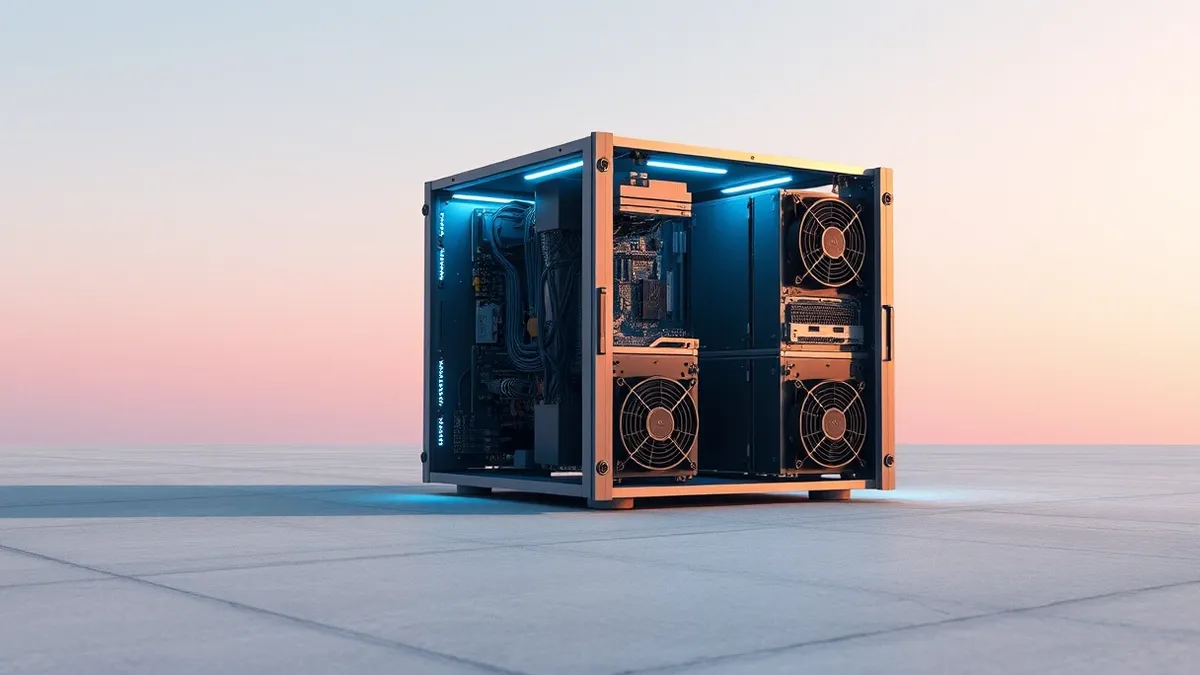 Illustration: A modular server chassis sits on a concrete floor, its side panel removed to reveal neatly arranged circuit boards and cooling fans.