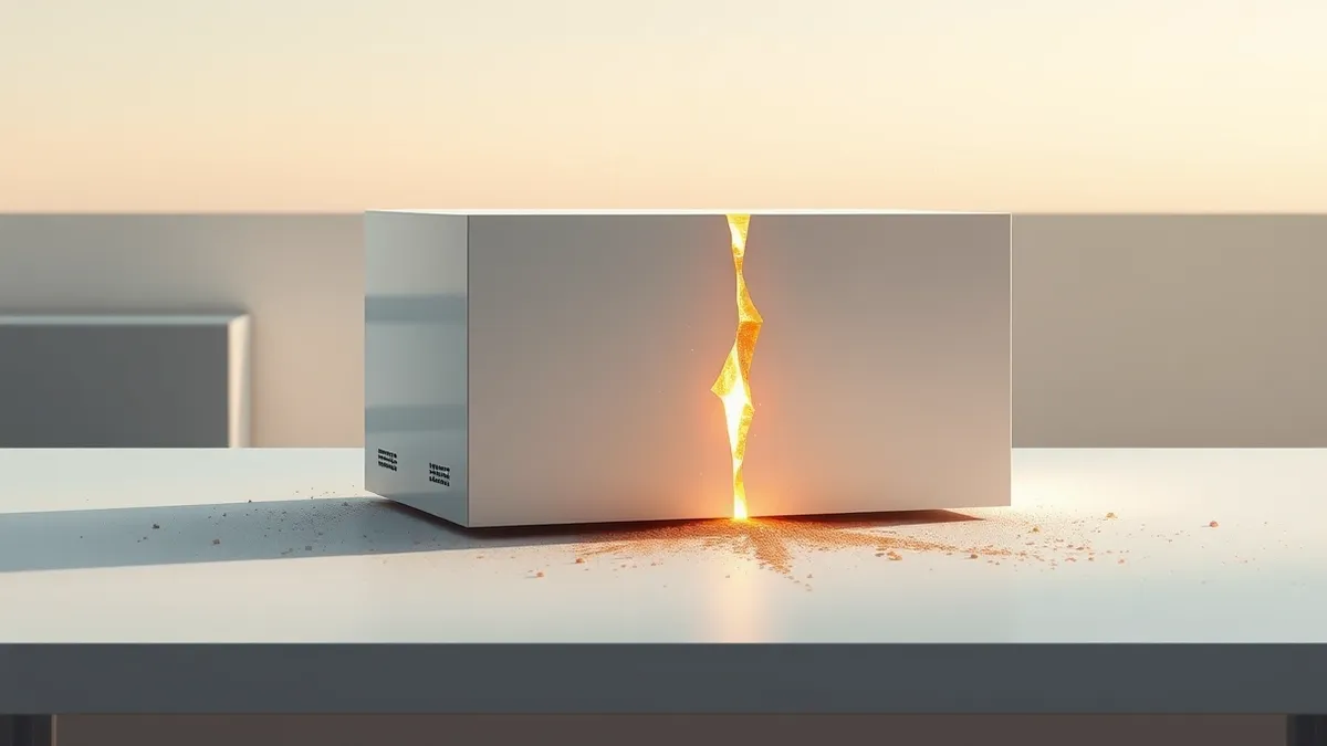 Illustration: A sleek, white hardware development box sits on a clean workbench, its smooth surface cracked by a jagged, glowing fissure.