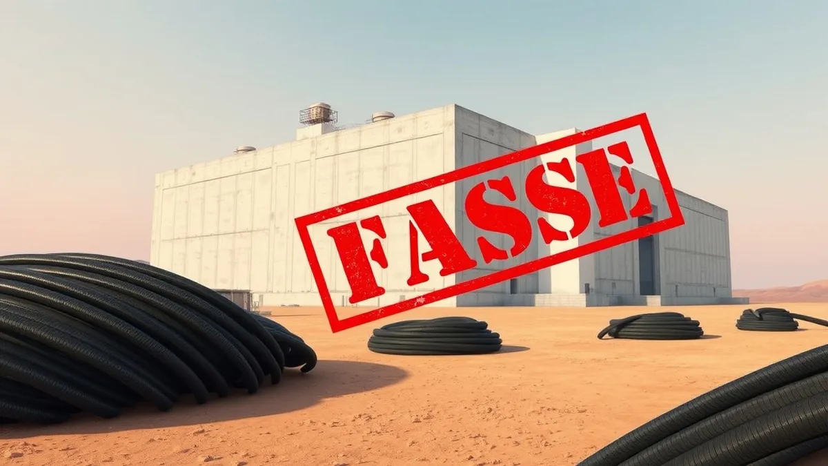 Illustration: A massive concrete industrial building sits in a flat landscape with thick black power cables coiled on the ground.