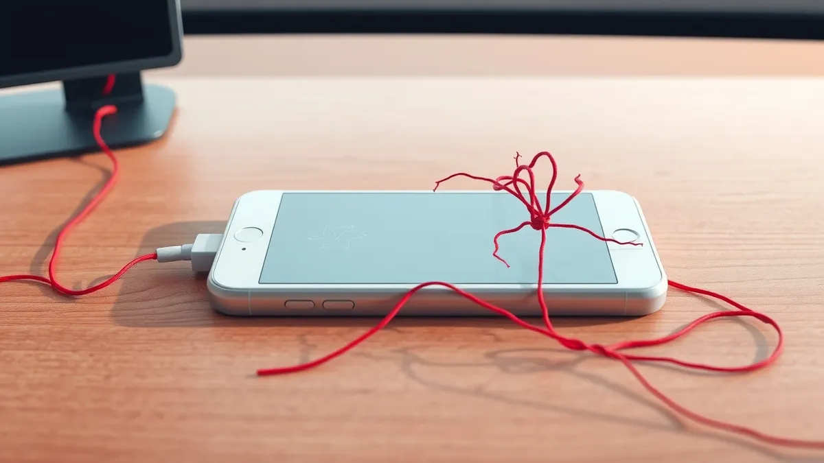 Illustration: A pristine white smartphone rests on a wooden desk, its screen displaying a faint, abstract geometric pattern.