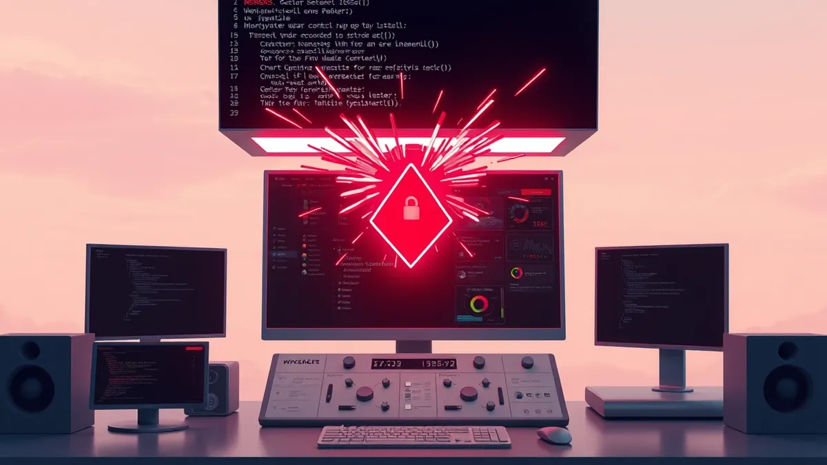 Illustration: A glowing command prompt floats above a sleek security console, emitting jagged red warning symbols that disrupt the clean interface.