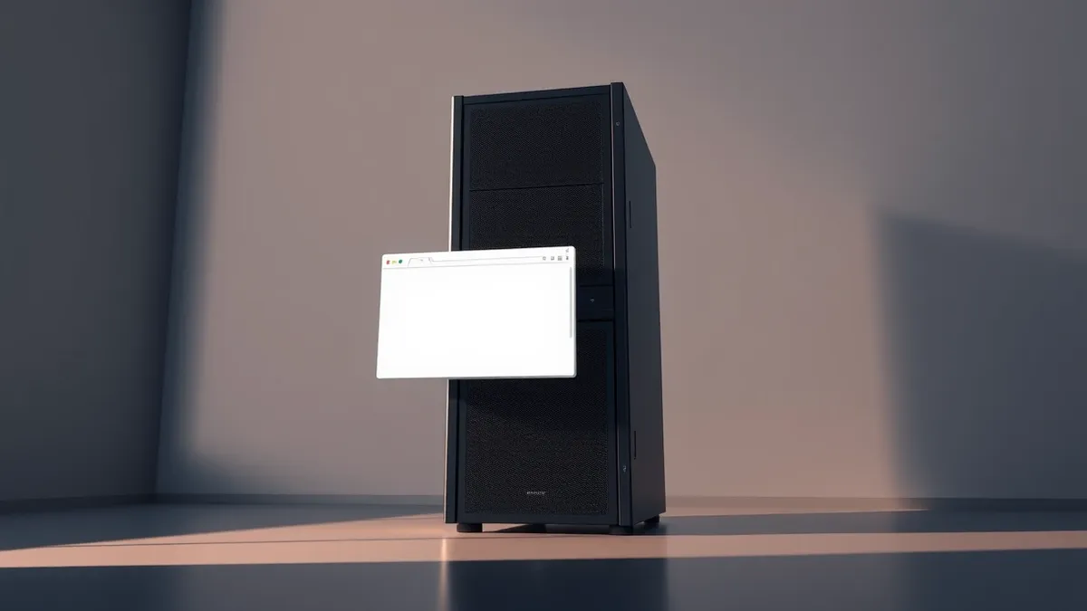 Illustration: A server rack stands in a dimly lit room.