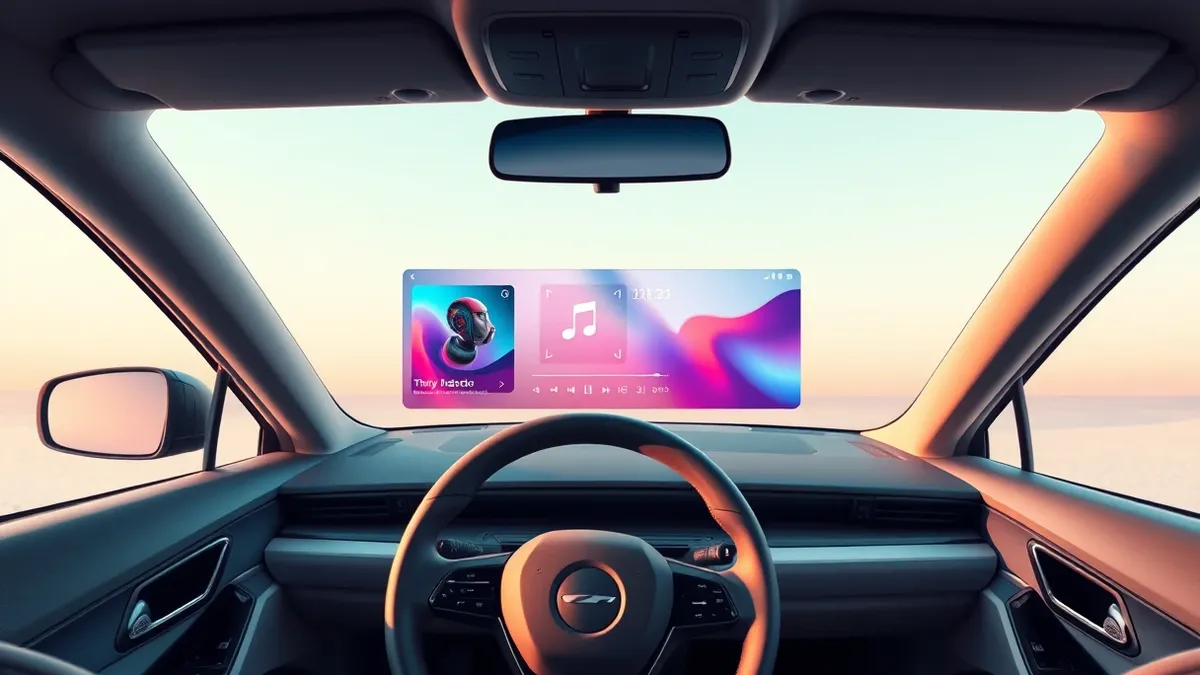Illustration: A sleek car dashboard features a large central touchscreen displaying a vibrant music player interface with abstract album art.
