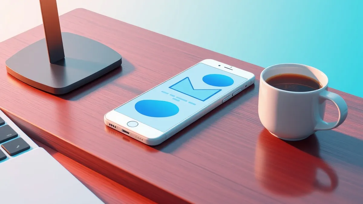 Illustration: A sleek white smartphone rests on a polished wooden desk beside a ceramic coffee cup.