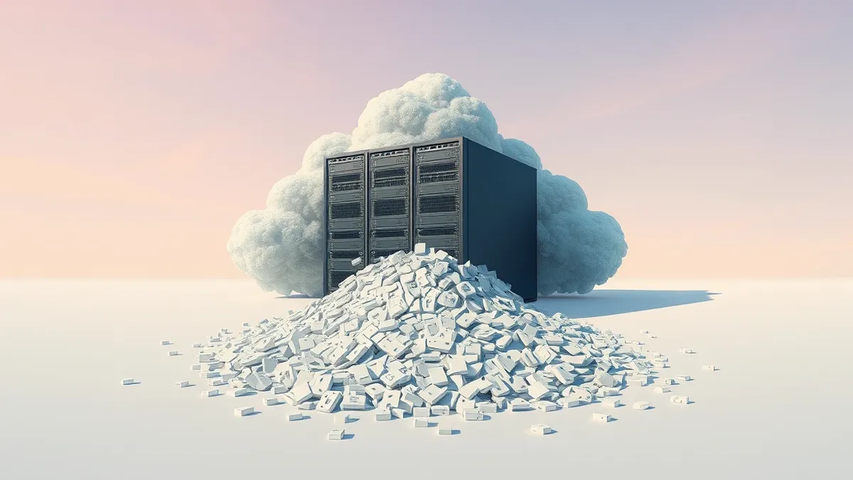 Illustration: A misconfigured cloud database sits exposed in an open digital void, spilling millions of scattered abstract data blocks.