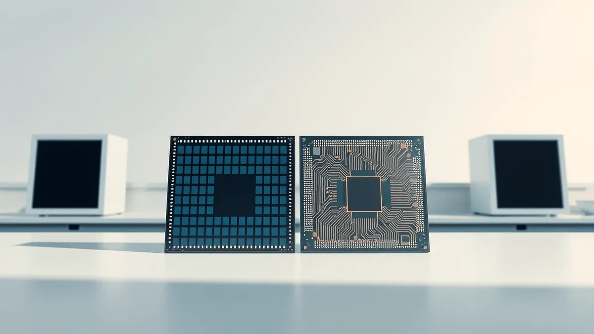 Illustration: Two distinct silicon wafers rest side by side on a clean white lab bench under bright clinical lighting.