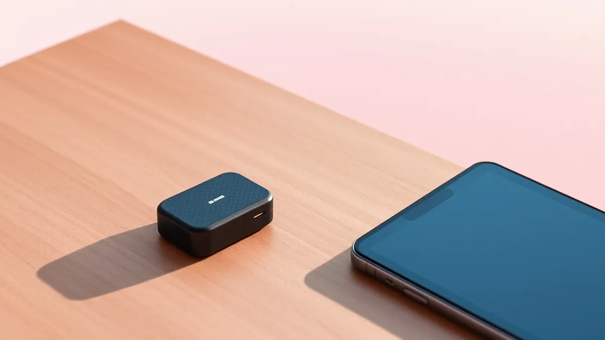 Illustration: A sleek, matte-black wearable clip rests on a smooth wooden surface next to a modern smartphone.