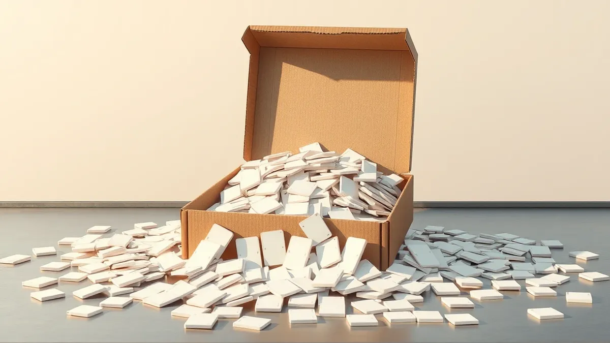 Illustration: A large cardboard pizza box sits open on a metal counter, spilling out hundreds of small, blank white plastic cards.