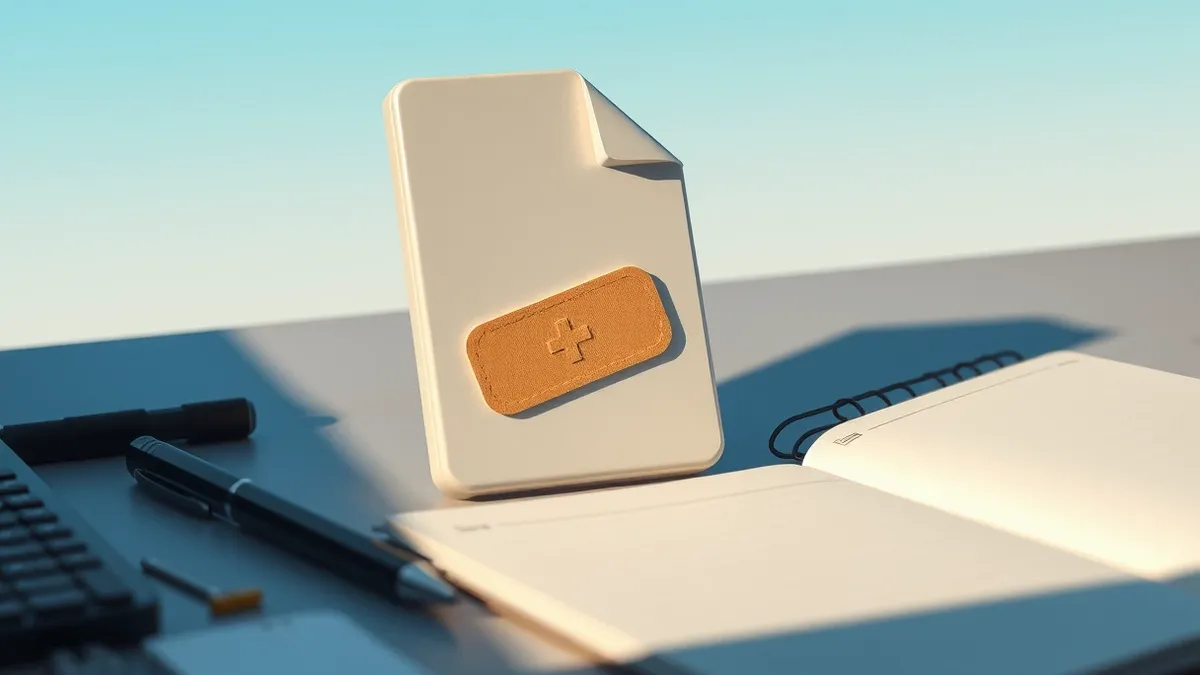 Illustration: A single glossy software patch file icon rests on a cluttered desktop surface next to a stylus and a blank notebook.