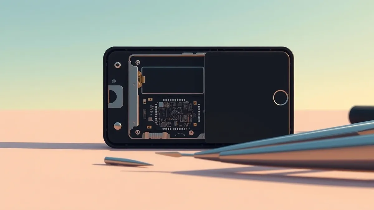 Illustration: A small black hardware wallet sits on a workbench beside a pair of precision tweezers.