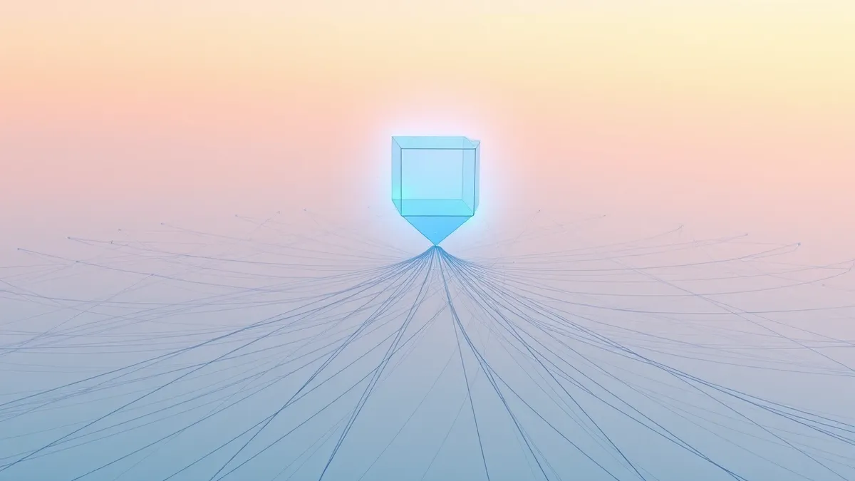 Illustration: A sleek, transparent geometric node floats above a complex web of abstract lines.
