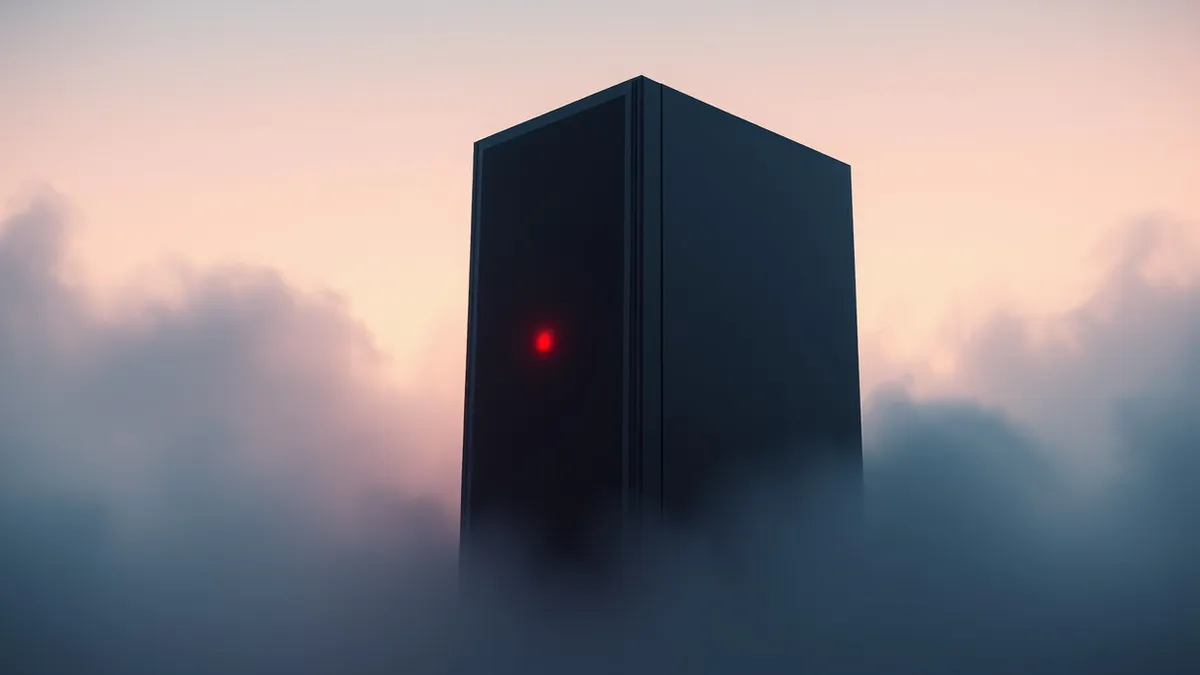 Illustration: A black monolithic server tower sits isolated in a dim room, shrouded in thick fog that hides its internal circuitry.