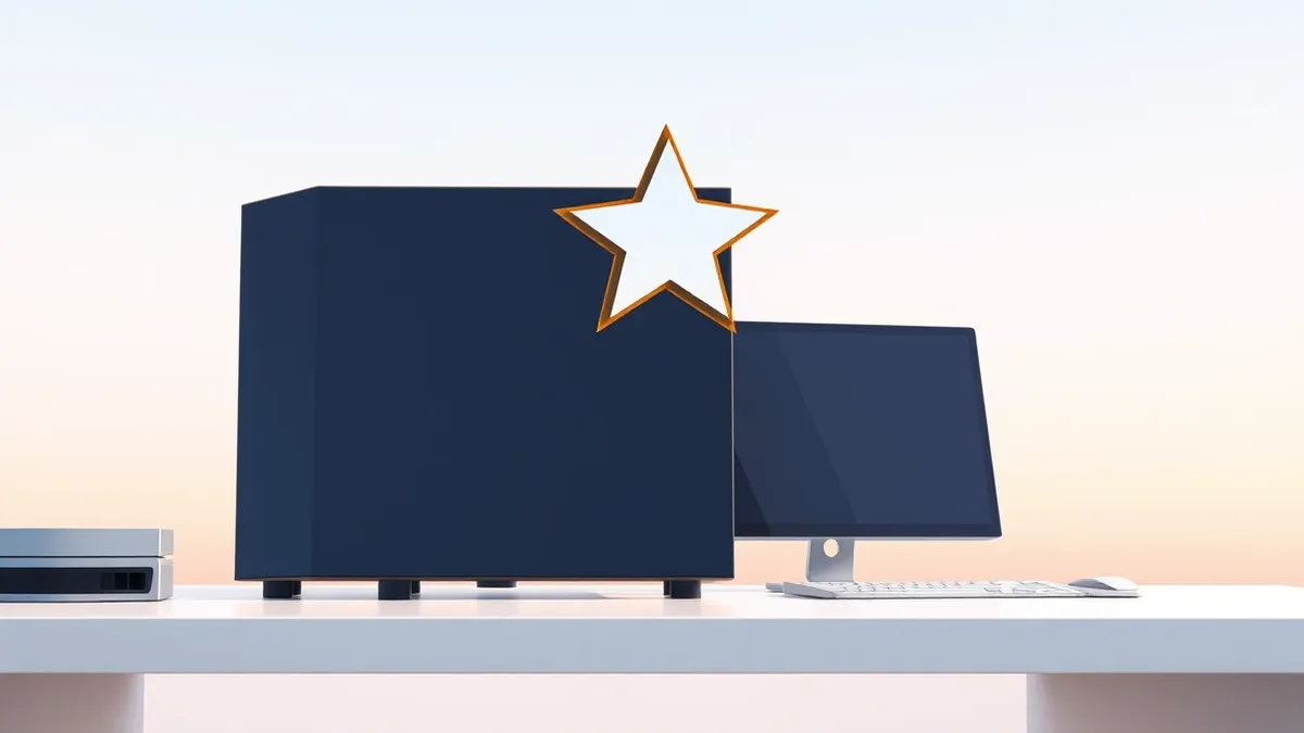 Illustration: A sleek, modern server tower sits on a clean white desk, its blank front panel reflecting soft ambient light.
