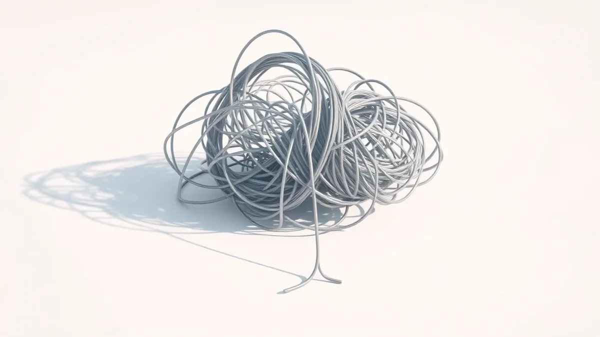 Illustration: A tangled knot of thin fiber-optic cables rests on a plain white surface.