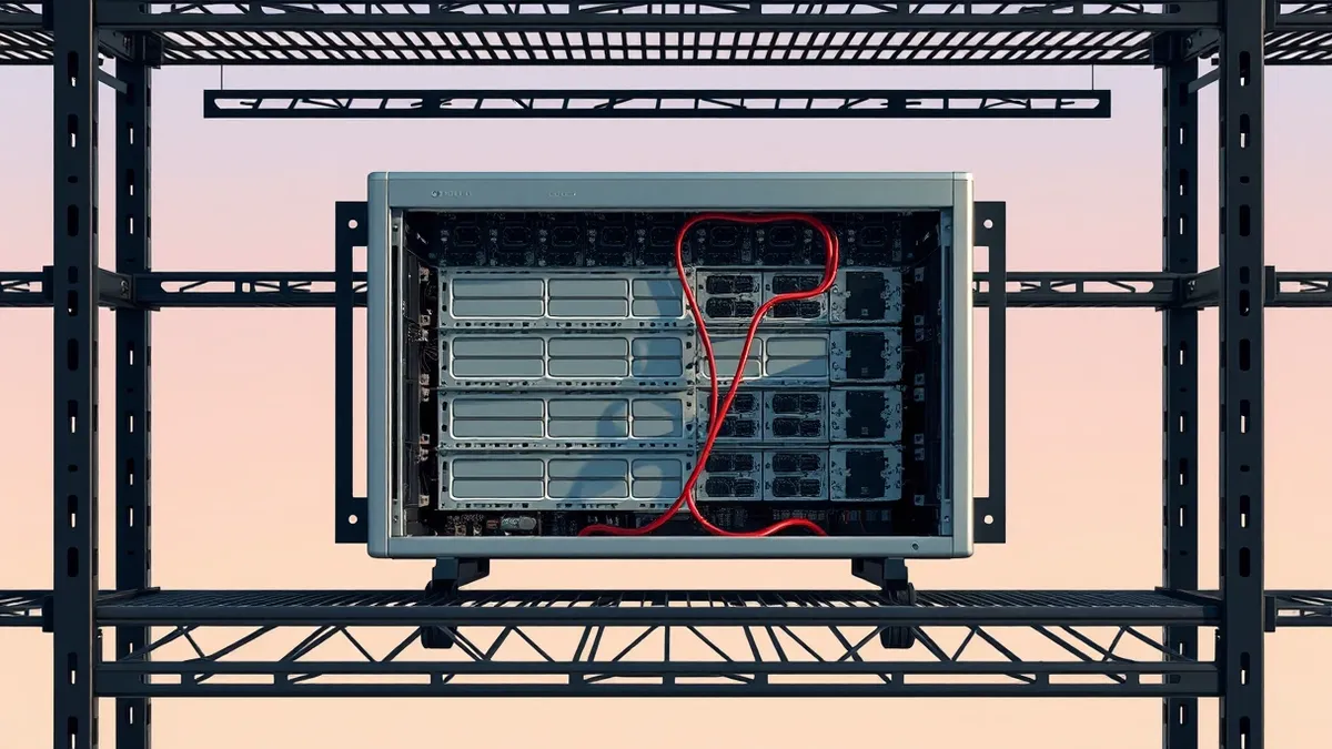 Illustration: A sleek, silver server appliance sits on a dark metal shelf with its front panel open to reveal empty, blank circuit board slots.