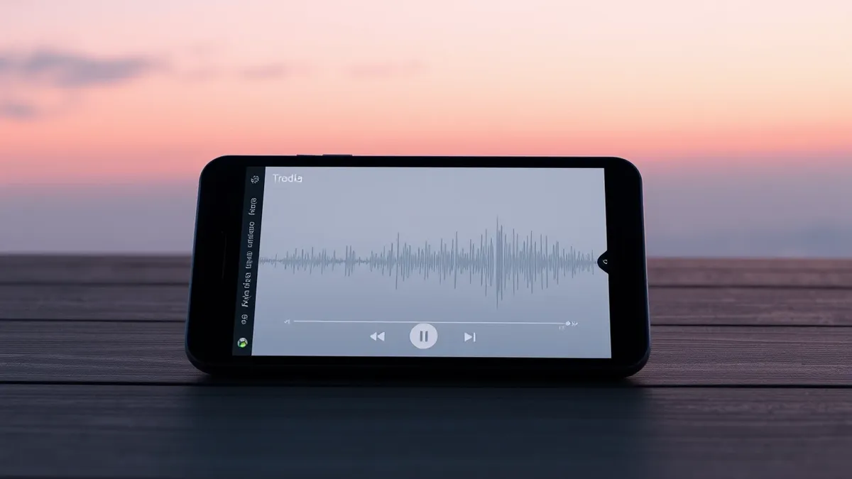 Illustration: A sleek black smartphone rests on a wooden surface, its screen displaying a blank music player interface.