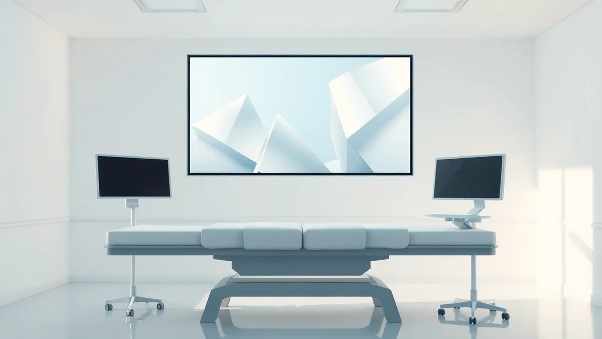 Illustration: A blank digital screen floats above a sterile examination table, displaying soft abstract geometric shapes.