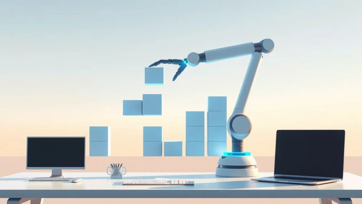 Illustration: A sleek, autonomous robot arm sits on a minimalist office desk, manipulating blank digital blocks that rearrange themselves into complex geometric structures.