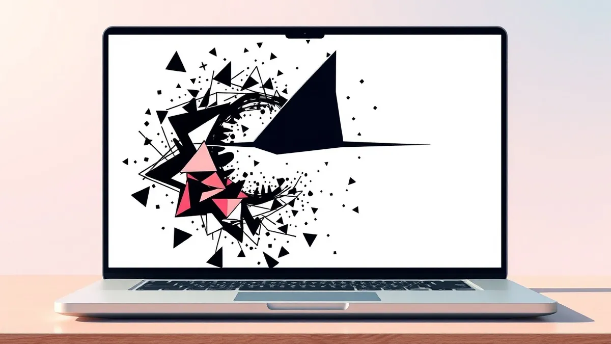 Illustration: An open laptop displays a chaotic tangle of abstract geometric shapes swirling into a digital void, representing corrupted data.