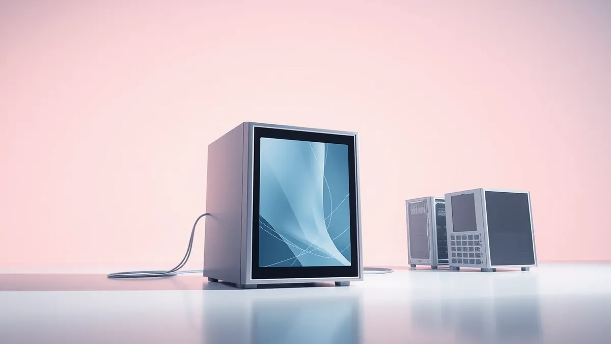 Illustration: A sleek, silver server unit sits in a pristine, brightly lit room.