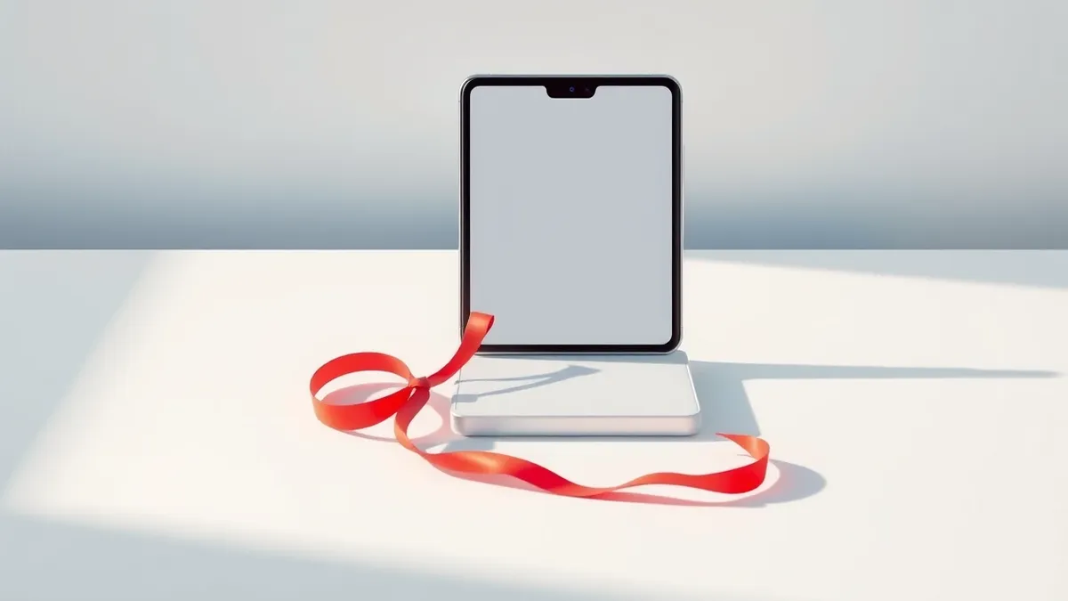 Illustration: A sleek silver foldable smartphone rests on a minimalist white desk, its hinge slightly open to reveal a blank screen.