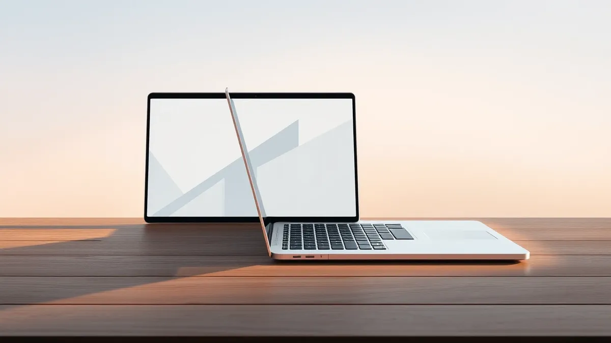 Illustration: A sleek silver laptop sits open on a wooden desk with its screen displaying abstract geometric shapes.