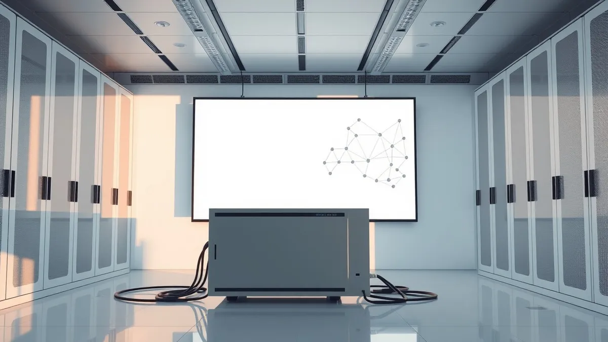 Illustration: A sleek artificial intelligence server hums quietly in a clean, white data room.