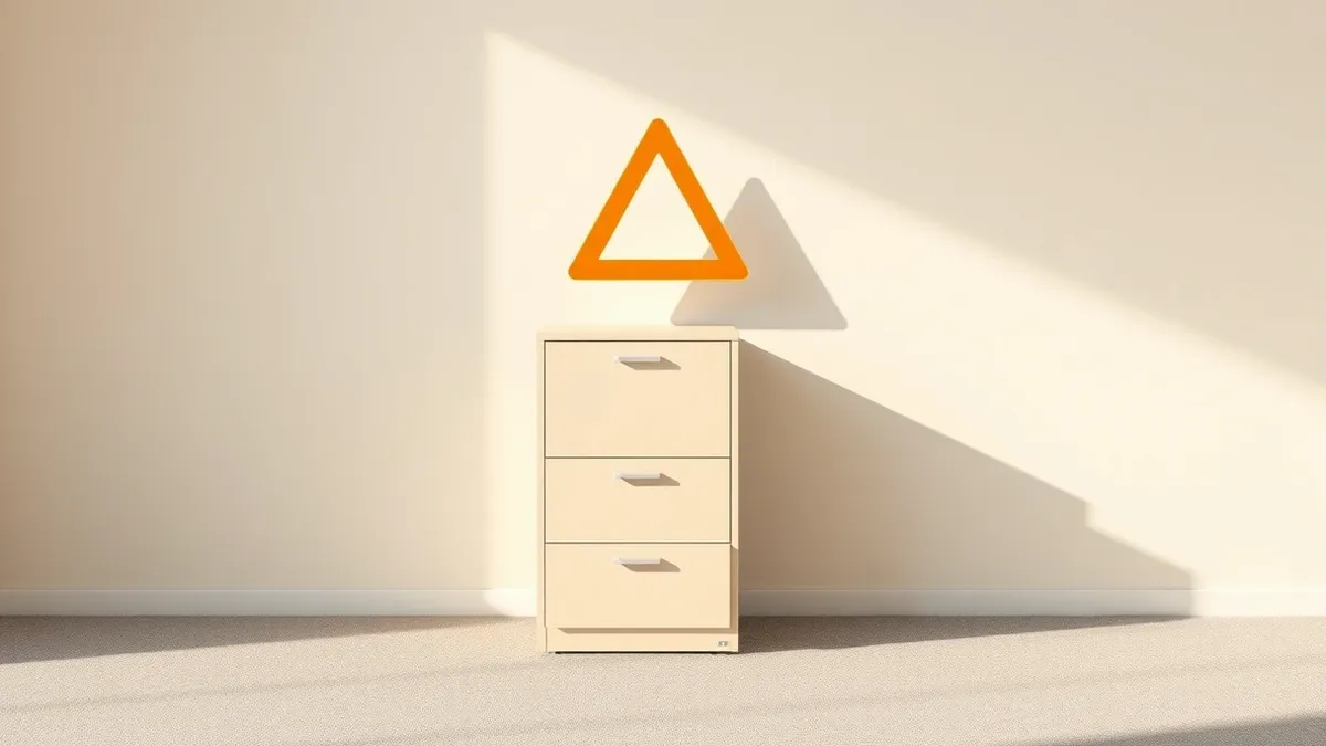 Illustration: A beige office file cabinet stands in an empty room with its drawers slightly ajar.