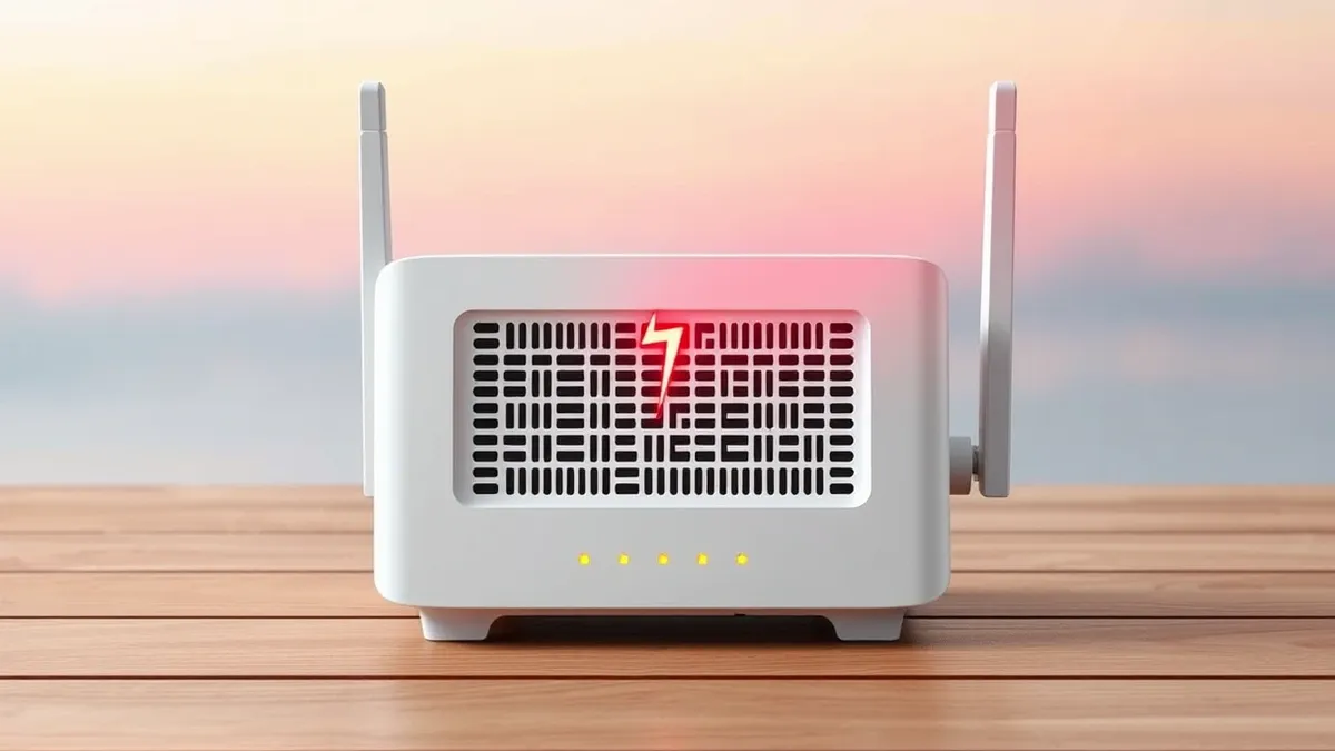 Illustration: A compact white wireless router sits on a wooden surface.