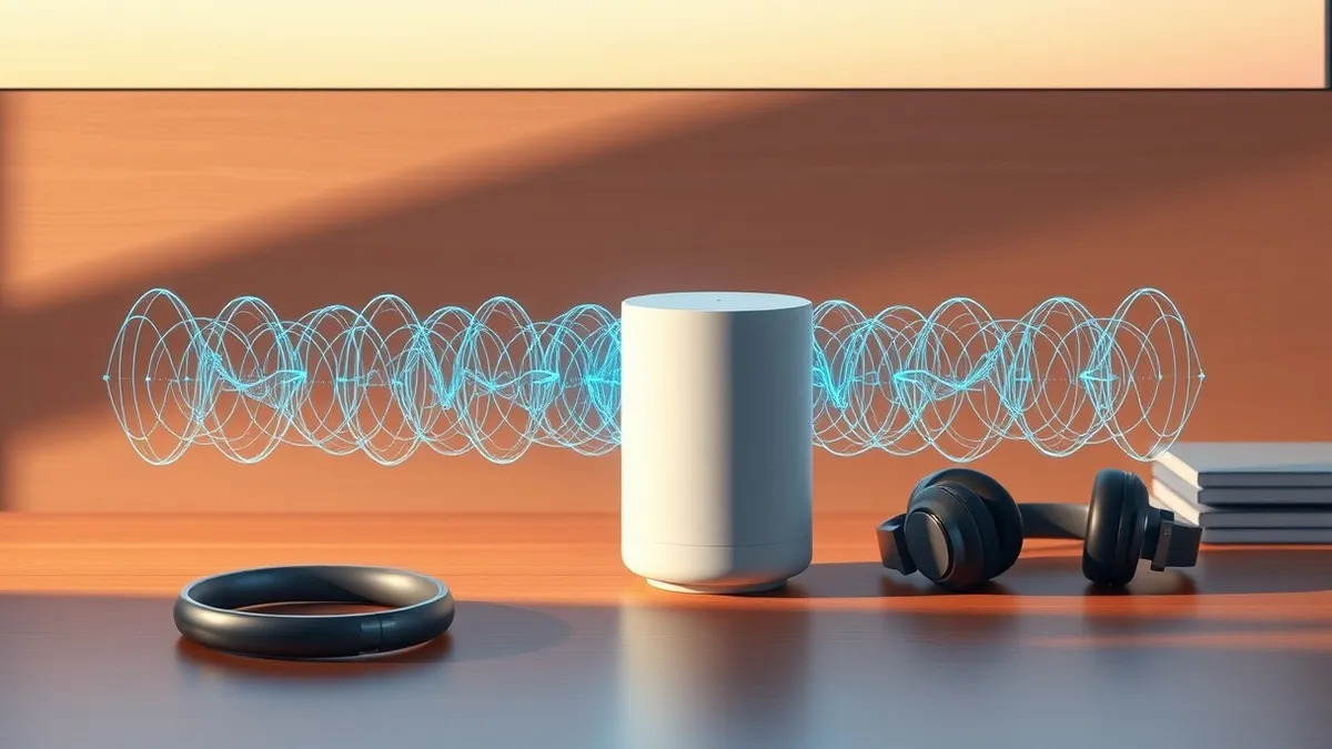 Illustration: A sleek white smart speaker sits on a wooden desk next to a pair of wireless headphones.