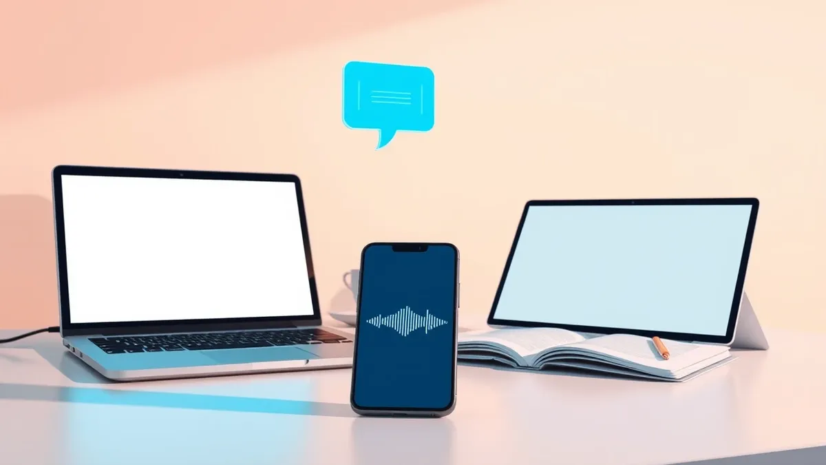 Illustration: A sleek smartphone sits on a desk next to an open laptop, both displaying blank screens with subtle audio waveform graphics.