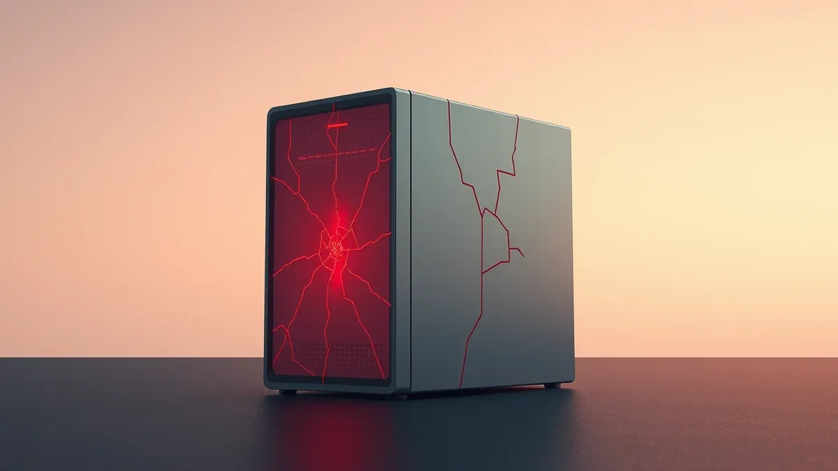Illustration: A generic web server box sits isolated on a dark surface, its front panel glowing with an intense, alarming red light.