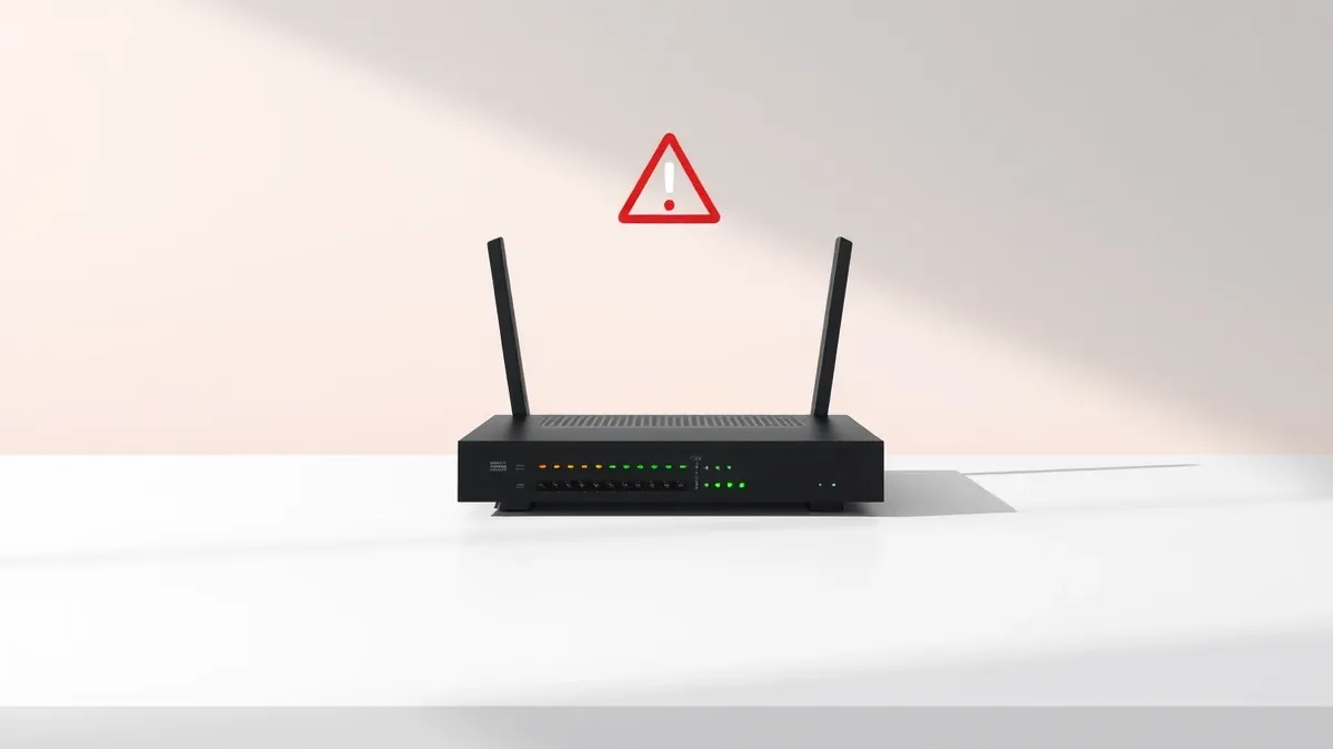 Illustration: A sleek black network router sits on a clean white desk, its front panel featuring rows of blinking green and amber lights.