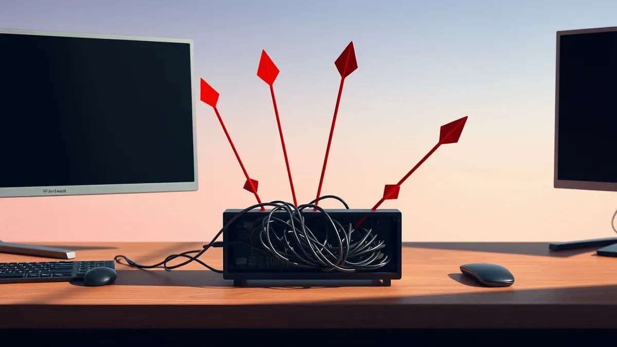 Illustration: A sleek black computer peripheral device sits on a wooden desk.