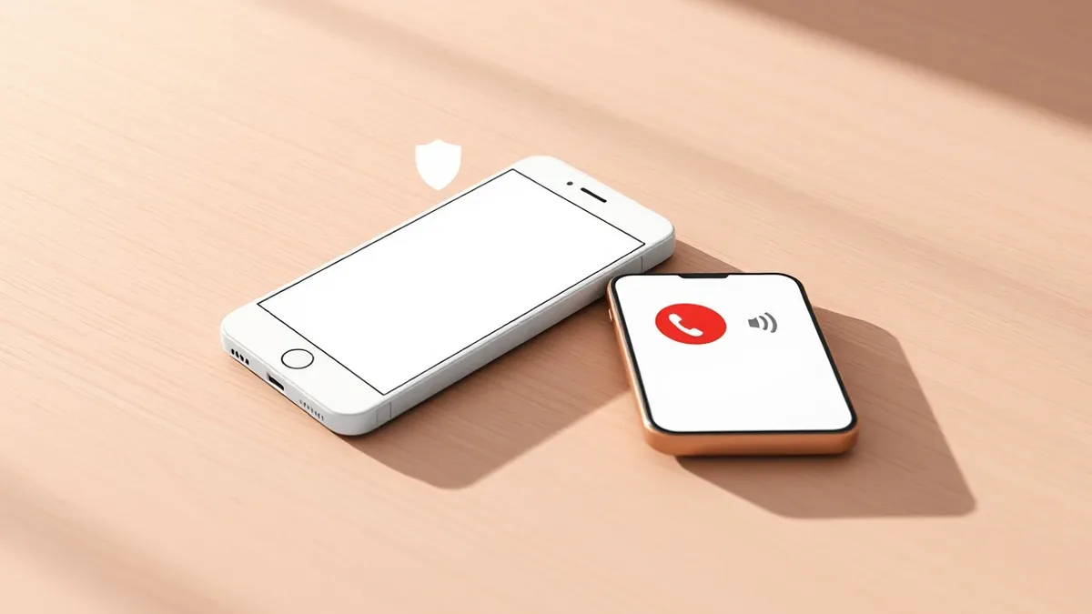 Illustration: A white smartphone lies on a wooden surface, displaying a blank messaging interface with a generic shield icon hovering near the top.