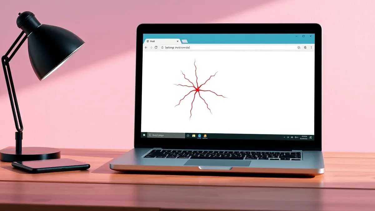 Illustration: A sleek Windows laptop sits on a wooden desk, its screen displaying a blank browser window with subtle red cracks radiating from the center, symbolizing the severe Sc
