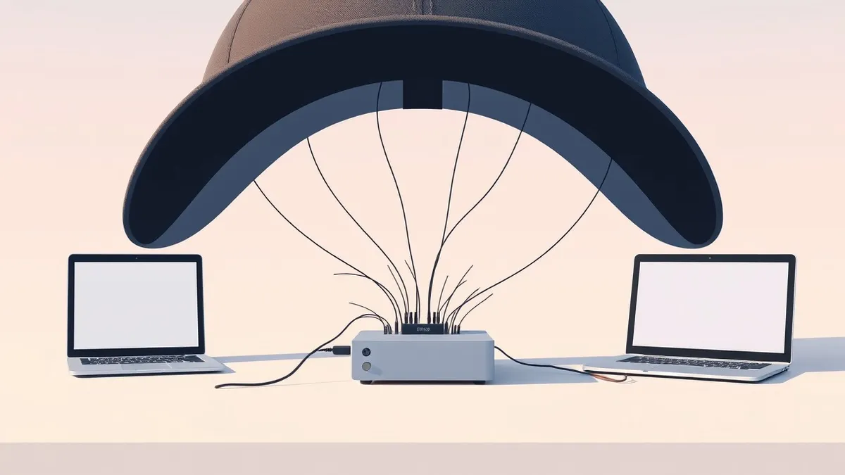 Illustration: A sleek baseball cap rests on a plain table, its interior lined with tiny neural sensors.