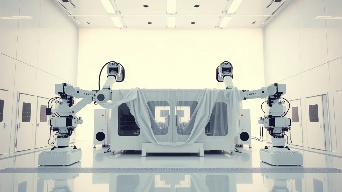 Illustration: A sleek white semiconductor fabrication machine sits inside a sterile cleanroom, its polished metal surface reflecting bright overhead lights.