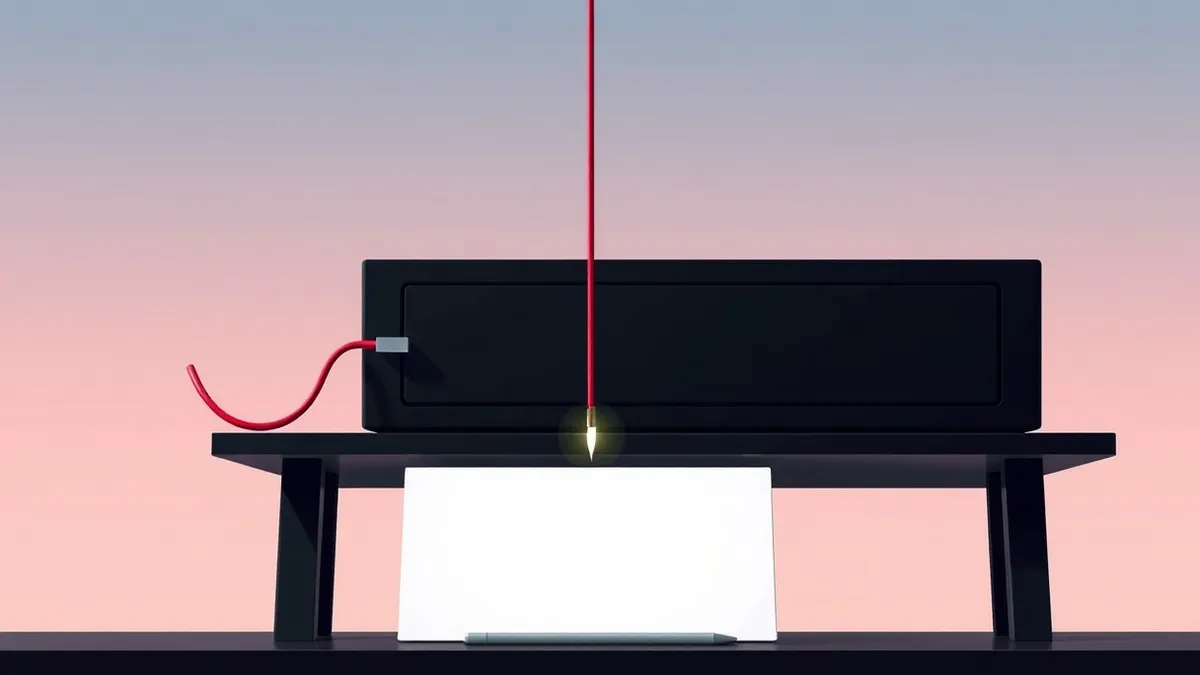 Illustration: A sleek black server box sits on a dark desk with a single red wire plugged into its side port.