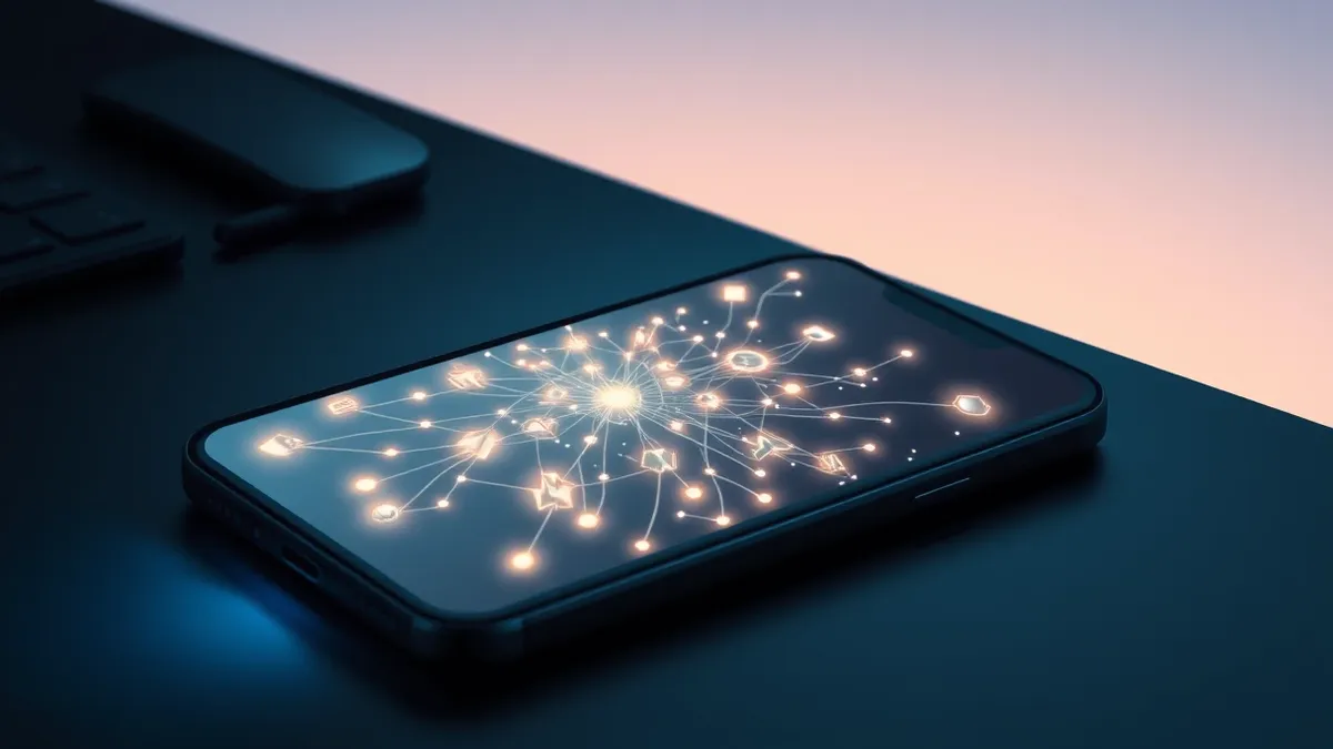 Illustration: A sleek smartphone rests on a dark desk, its screen displaying a complex web of glowing, abstract neural network nodes connecting to numerous fragmented geometric sha